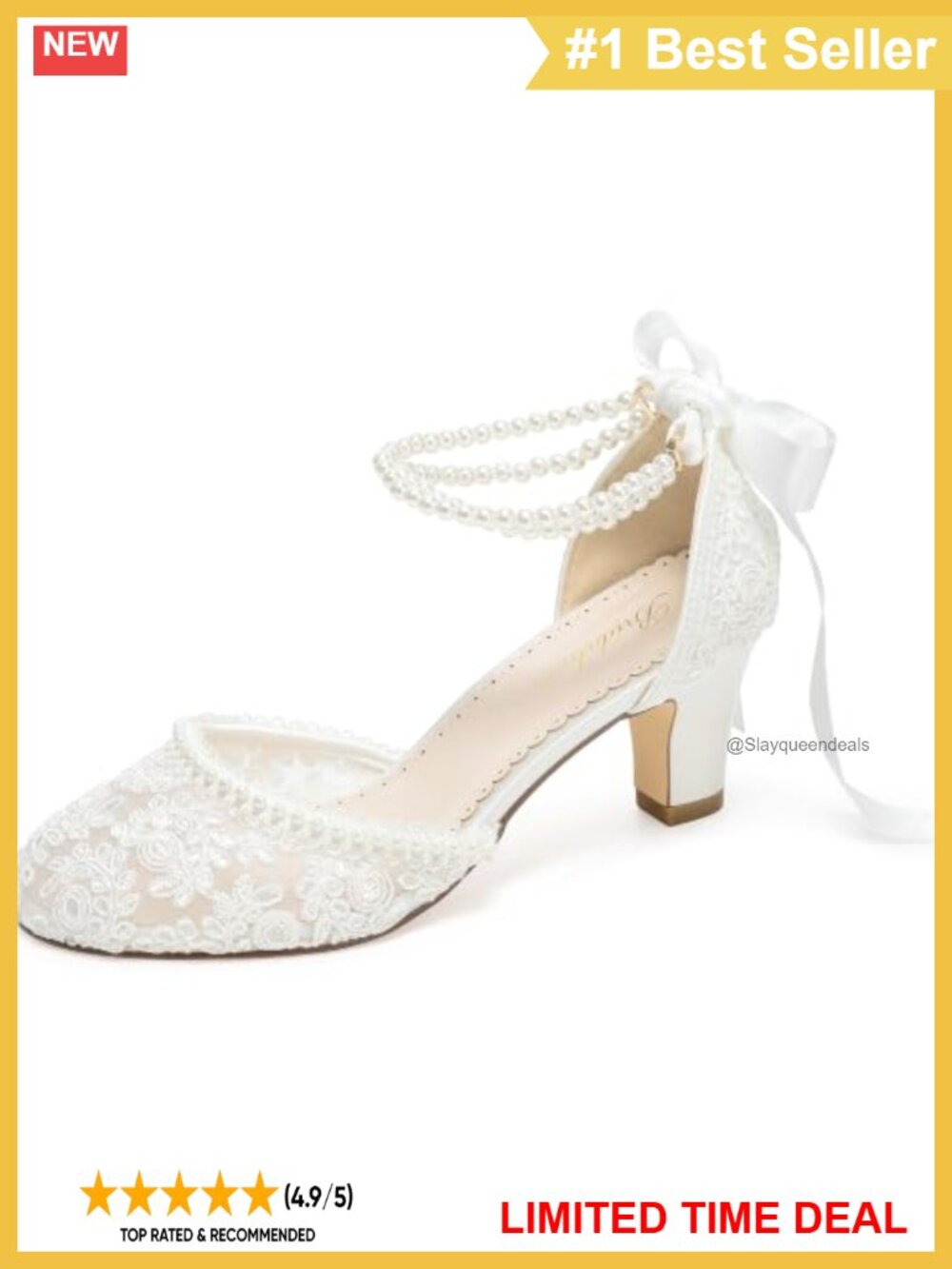 Women's Closed Round Toe Backless Wedding Heels Block Heel Lace Pearl Ankle
